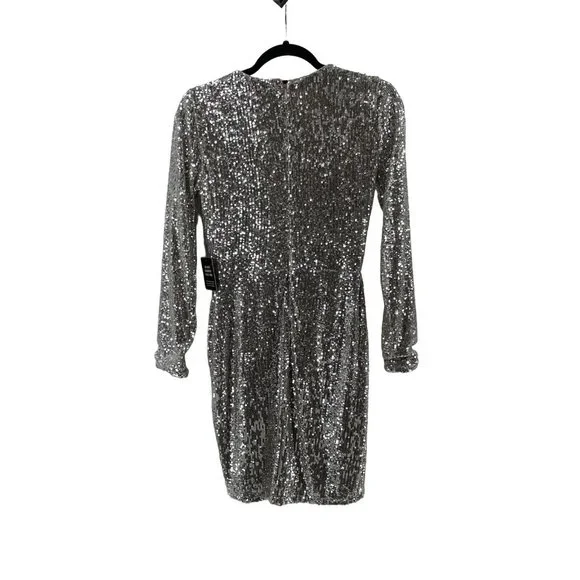 NWT Express Women's Long Sleeve Silver Sequin V Neck Cocktail Party Dress XS - Picture 6 of 15
